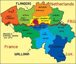 Belgium is composed of the five northern Dutch-speaking provinces of Flanders, the five southern French-speaking provinces of Wallonia (the German-speaking Community is located in the province of Liège along the German border) and the bilingual Capital Region of Brussels. The boundary between these regions is marked in red.